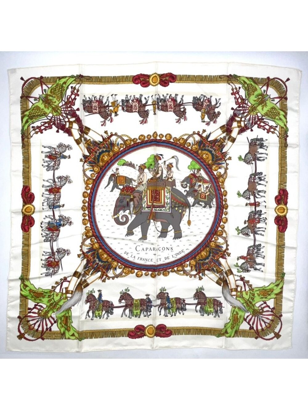 Hermes Caparacons de la France Et de L'inde Carre 90 Silk Yellow White Red Scarf